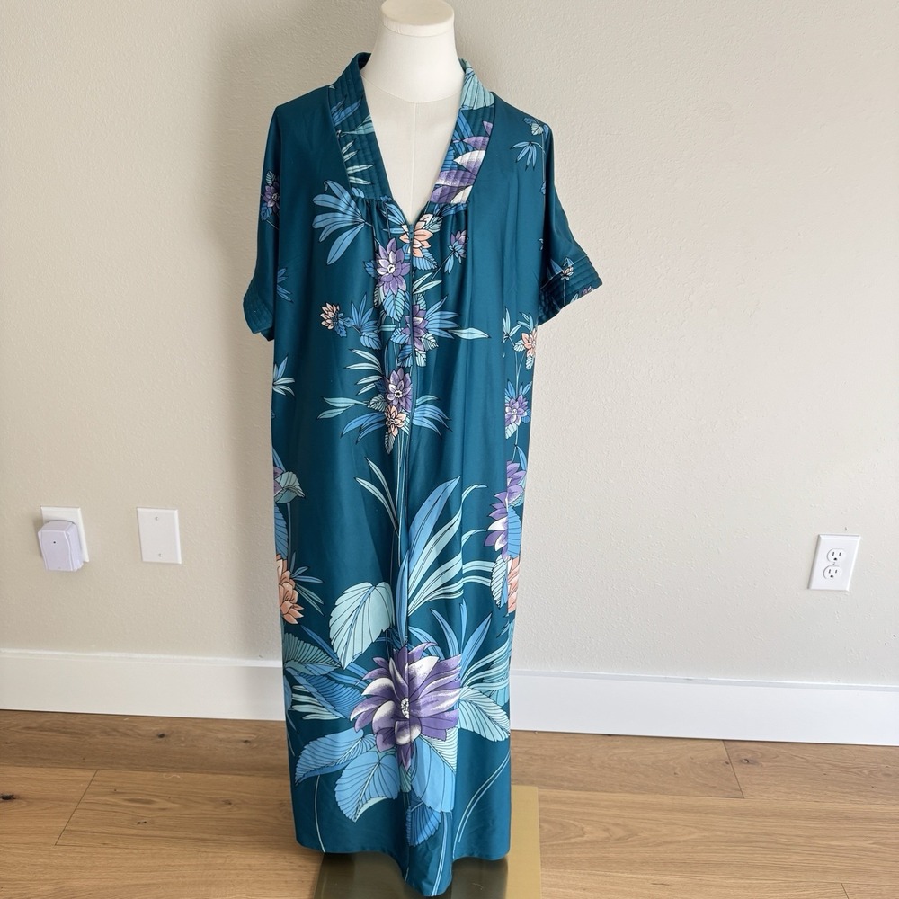 Vintage Anthony Richards Teal Floral Short Sleeve House Dress Mumu Kaftan Robe L